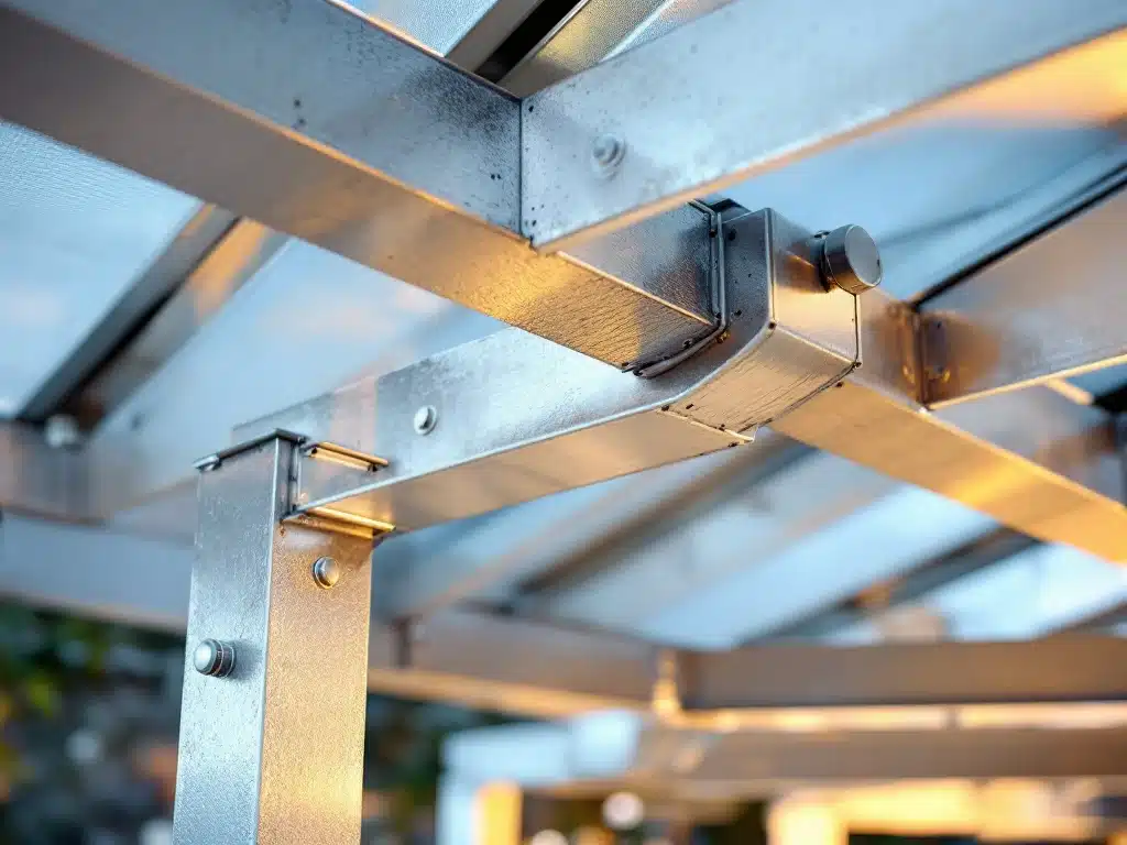 Duurzame aluminium carport met robuuste balken en verbindingen, close-up van weerbestendige constructie en vakmanschap