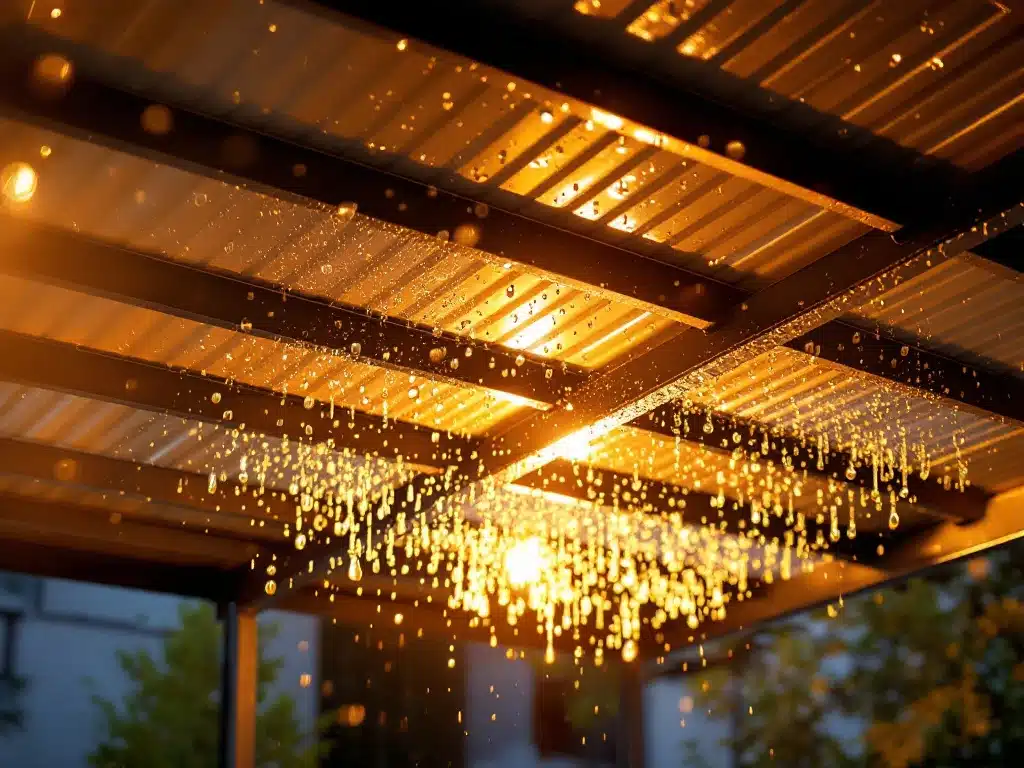 Waterdruppels vormen condensatie onder modern carport dak met metalen balken en dramatische verlichting