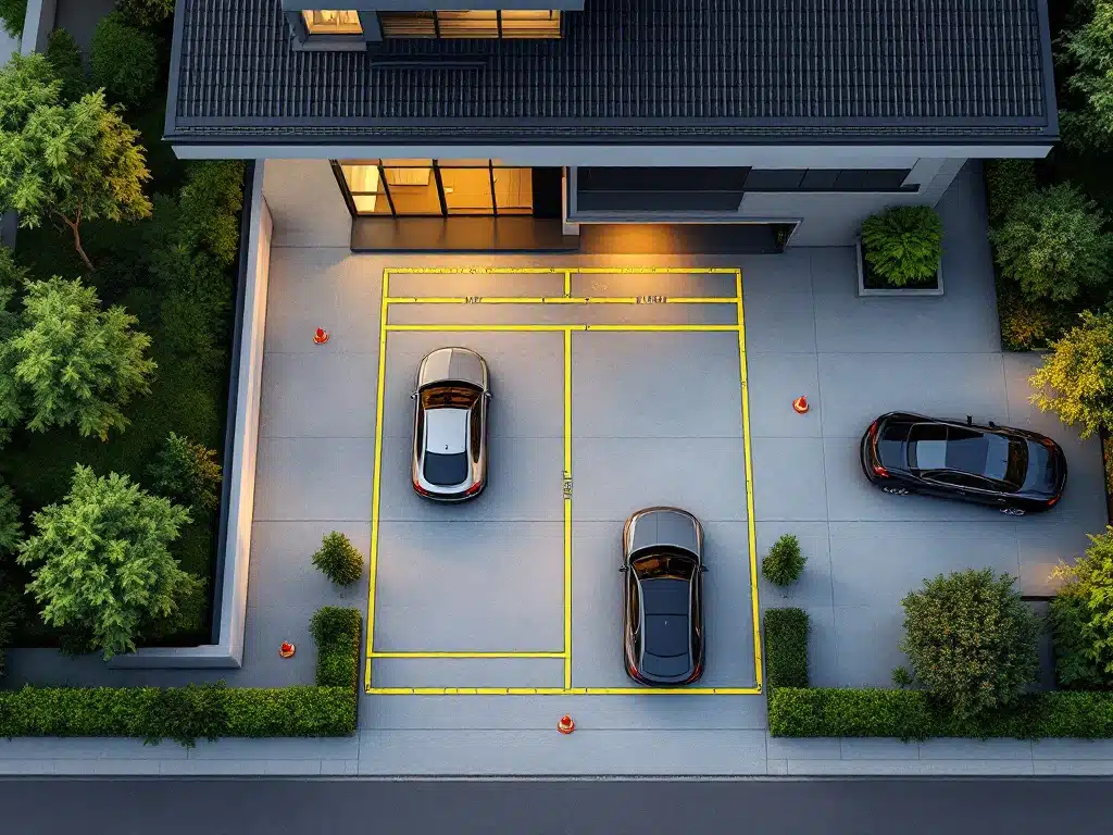 Luchtfoto van moderne oprit met gele meetlinten en oranje kegels voor carport installatie metingen