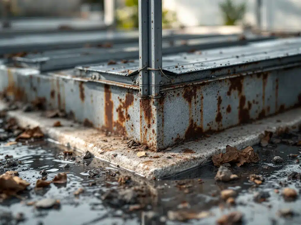Moderne carport met roestplekken, waterplassen op ongelijke fundering en beschadigde dakpanelen door slijtage