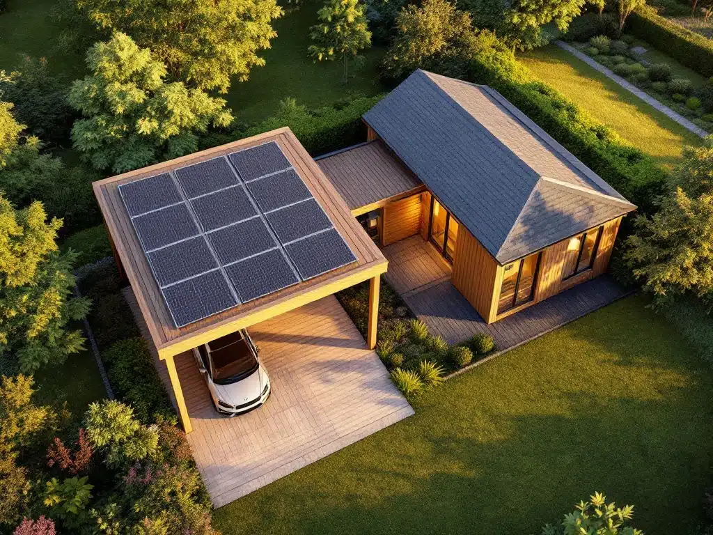 Luchtfoto van moderne carport met zonnepanelen naast tuinschuur, verbonden door looppad in groene tuin