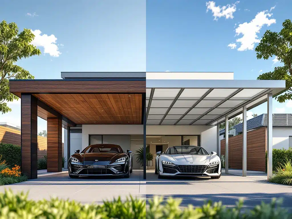 Vergelijking van twee carports: houten carport met natuurlijke houtnerf links, aluminium carport met strakke lijnen rechts