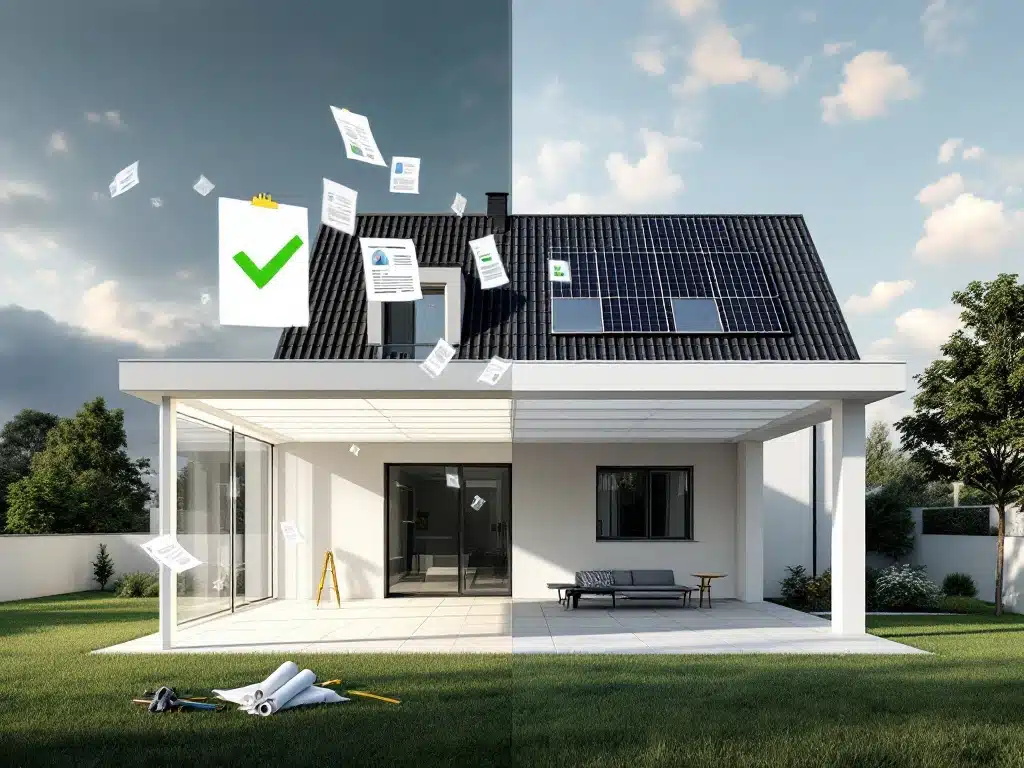 Moderne witte carport met zonnepanelen voor Nederlands huis met bouwvergunning documenten en groene vinkje overlay