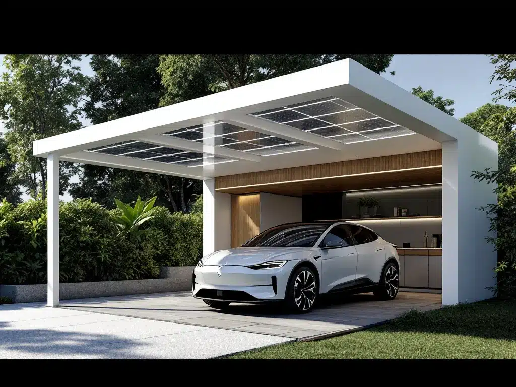Moderne witte stalen carport met zonnepanelen en opbergruimte, elektrische auto geparkeerd op betonnen oprit