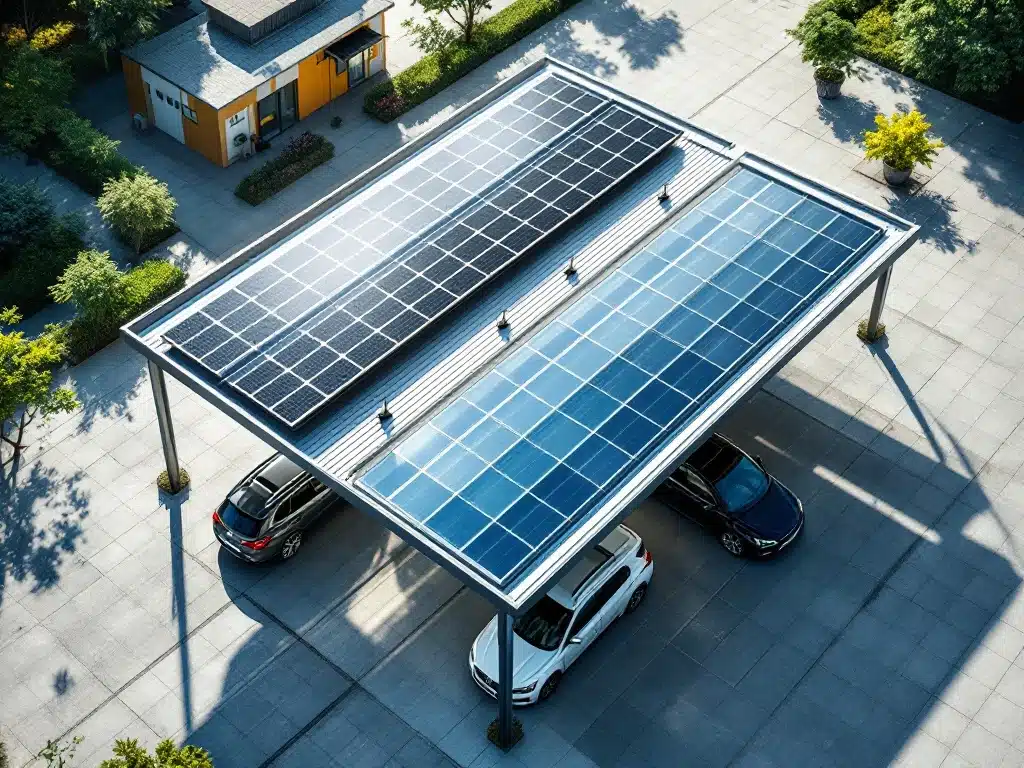 Moderne carport met zonnepanelen, metalen en glazen dakbedekking vanuit vogelperspectief met geparkeerde auto's
