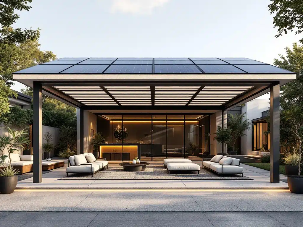 Moderne carport met zonnepanelen omgetoverd tot elegant buitenterras met tuinmeubilair en sfeerverlichting