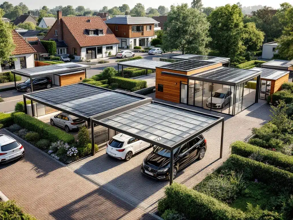 Luchtfoto van moderne carports met zonnepanelen, hout en glas in Nederlandse woonwijk met groene landschapsarchitectuur