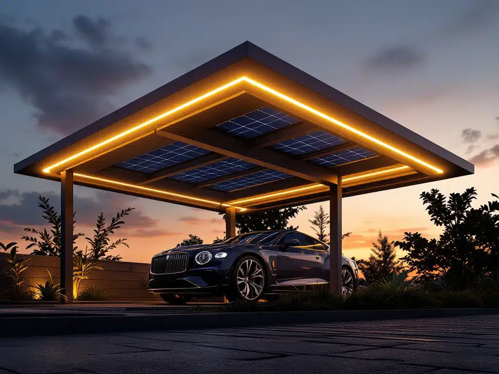 Moderne carport met geïntegreerde LED-verlichting en zonnepanelen tijdens gouden uur, luxeauto eronder geparkeerd