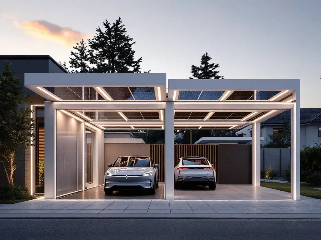 Moderne carport met zonnepanelen en open schuifdeuren toont luxe elektrische auto, LED-verlichting bij zonsondergang