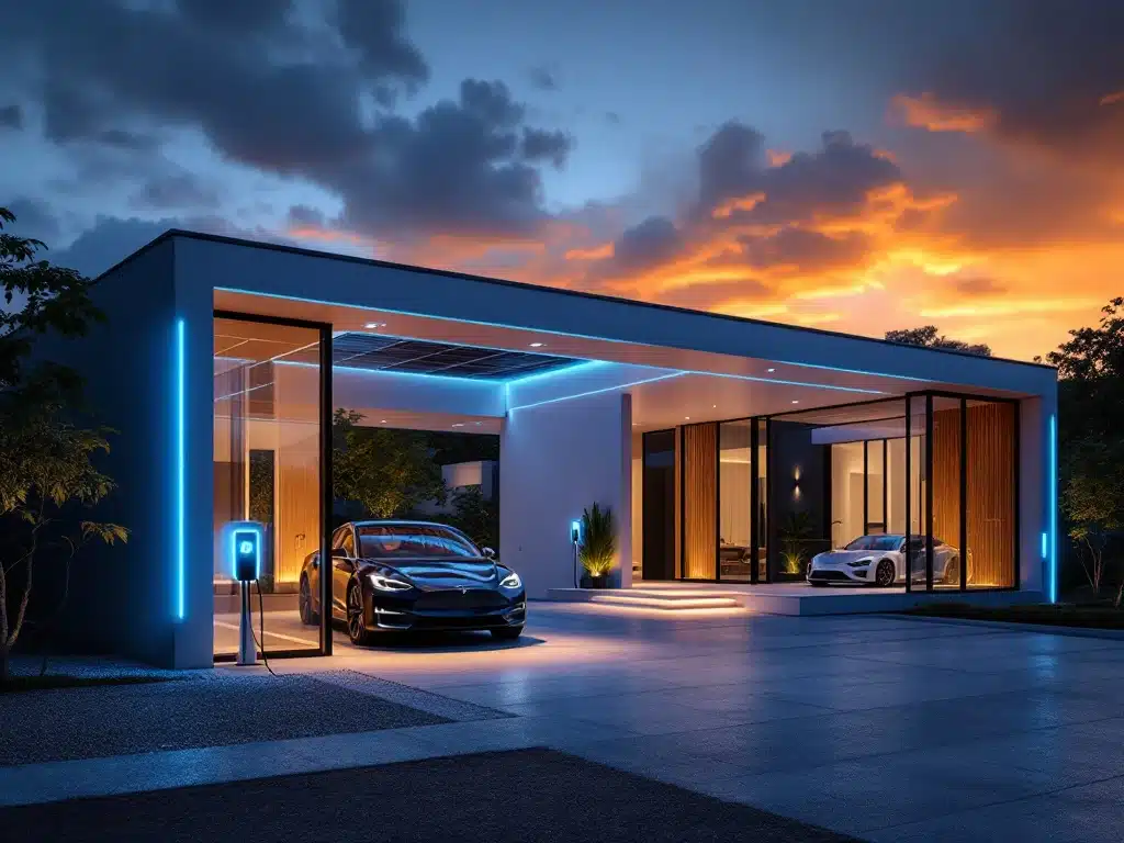 Moderne carport met zonnepanelen en slimme huis verbinding, elektrische auto opladen met blauwe LED verlichting