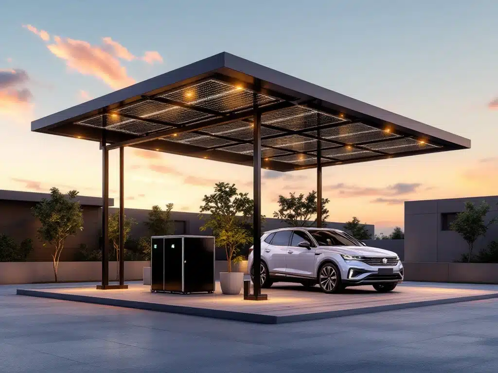 Moderne off-grid zonnepanelen carport met batterijopslag en stalen frame in gouden uurtje licht
