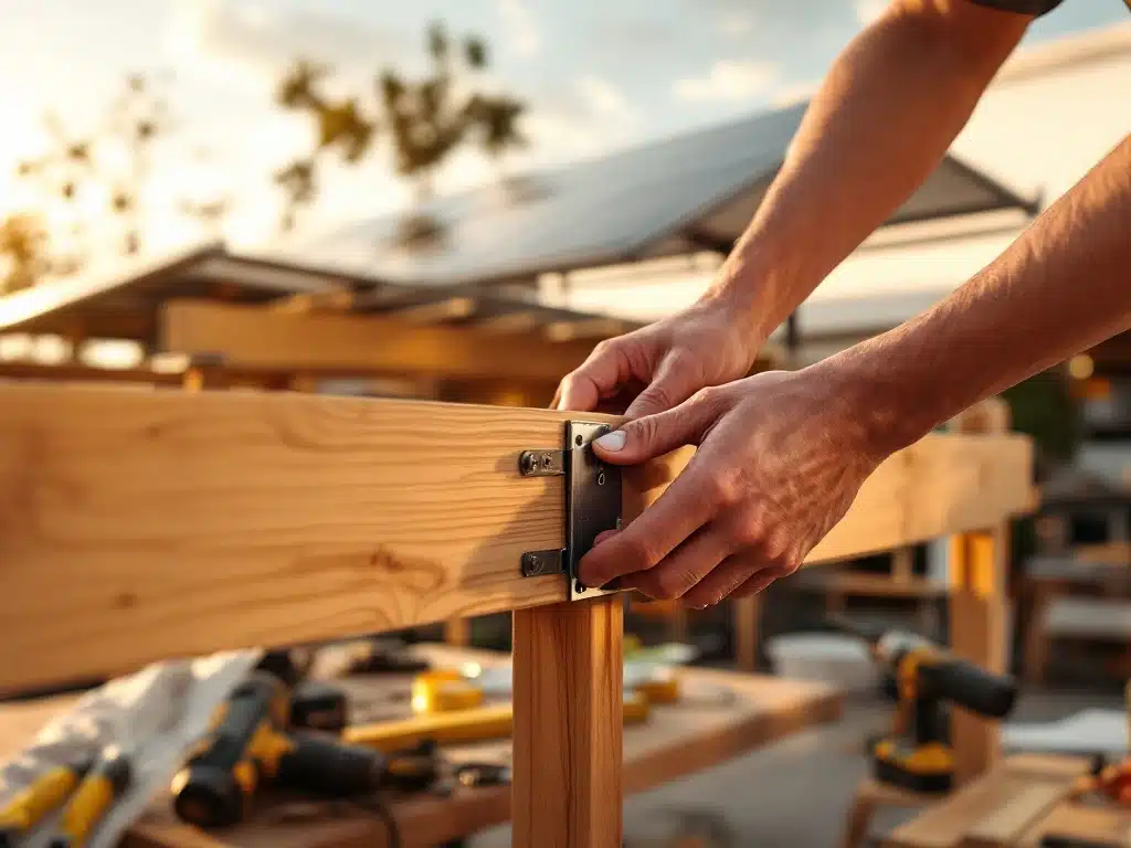 Handen assembleren moderne zonnepaneel carport met houten balken en metalen beugels tijdens gouden uur verlichting