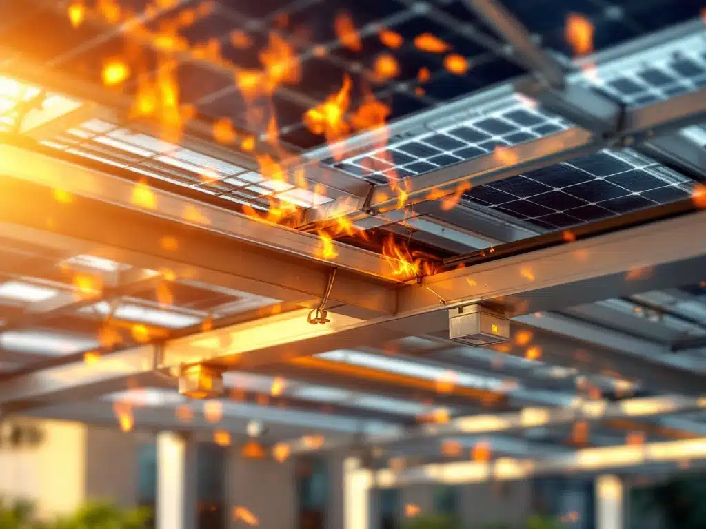 Moderne zonnepanelen carport met brandveilige aluminium constructie en oranje veiligheidselementen in daglicht