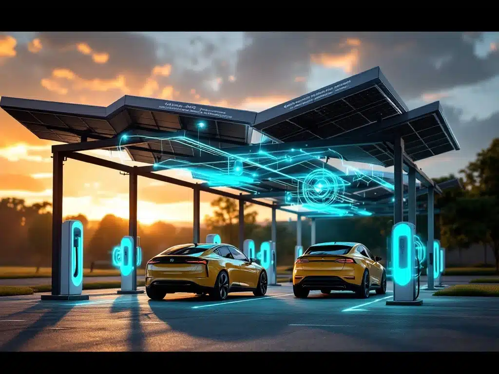 Zonnepanelen carport met elektrische auto's eronder, verlicht door gouden zonlicht en blauwe energiestromen