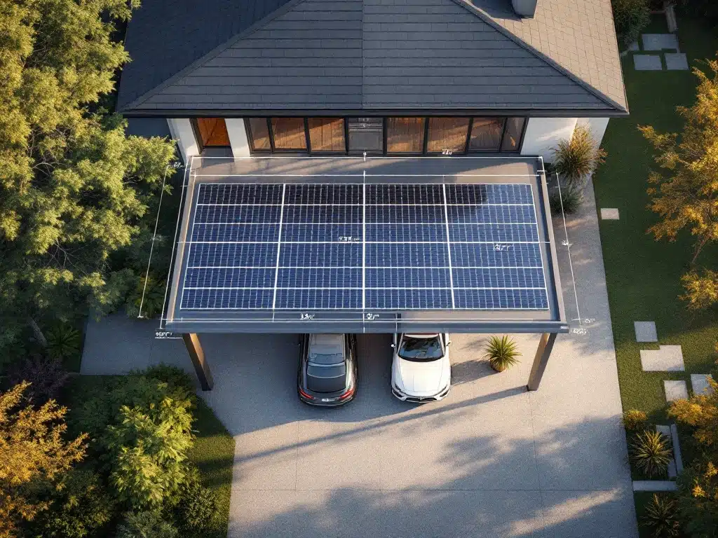 Moderne zonnepanelen carport met stalen frame boven twee auto's op oprit, met afmetingen en rasterlijnen zichtbaar