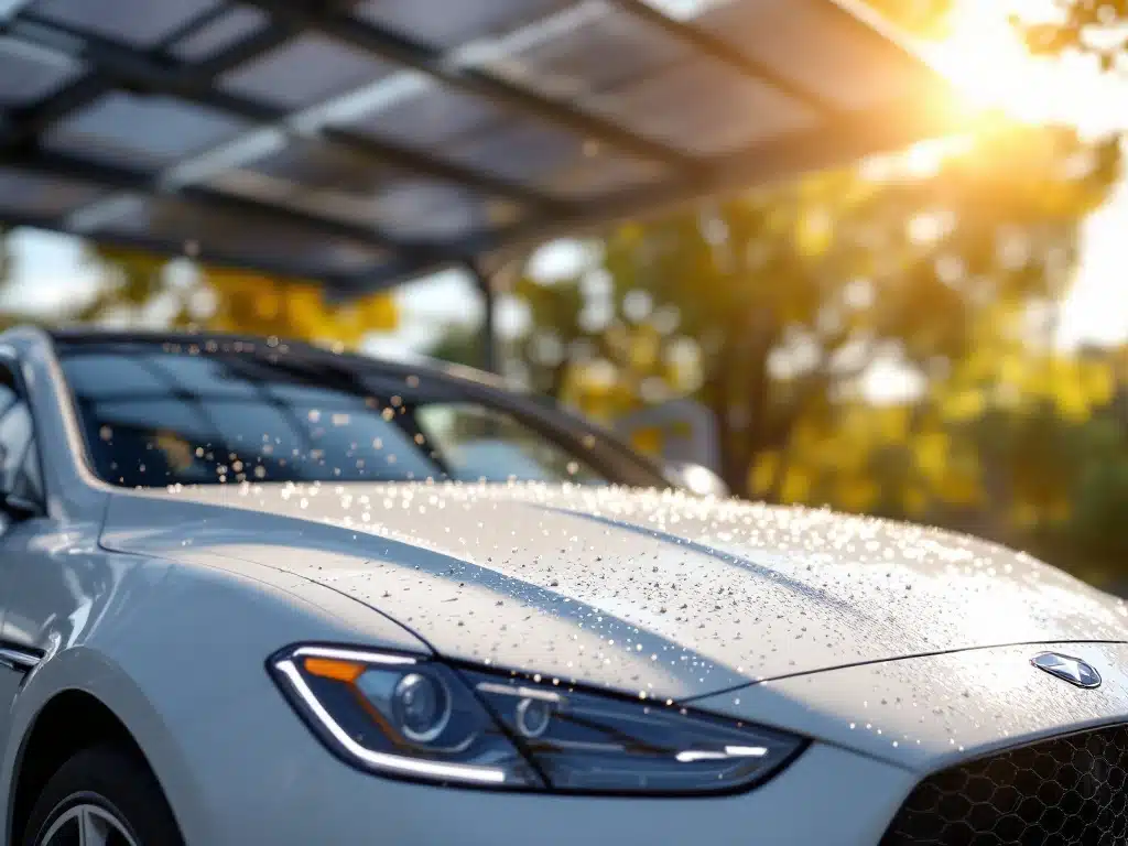 Witte auto onder moderne zonnepanelen carport met vogelpoep op motorkap, beschutting tegen natuurlijke elementen