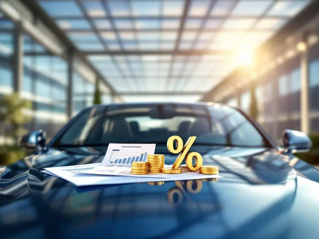 Moderne bedrijfscarport met zonnepanelen boven luxe bedrijfsauto, calculator en belastingdocumenten op motorkap