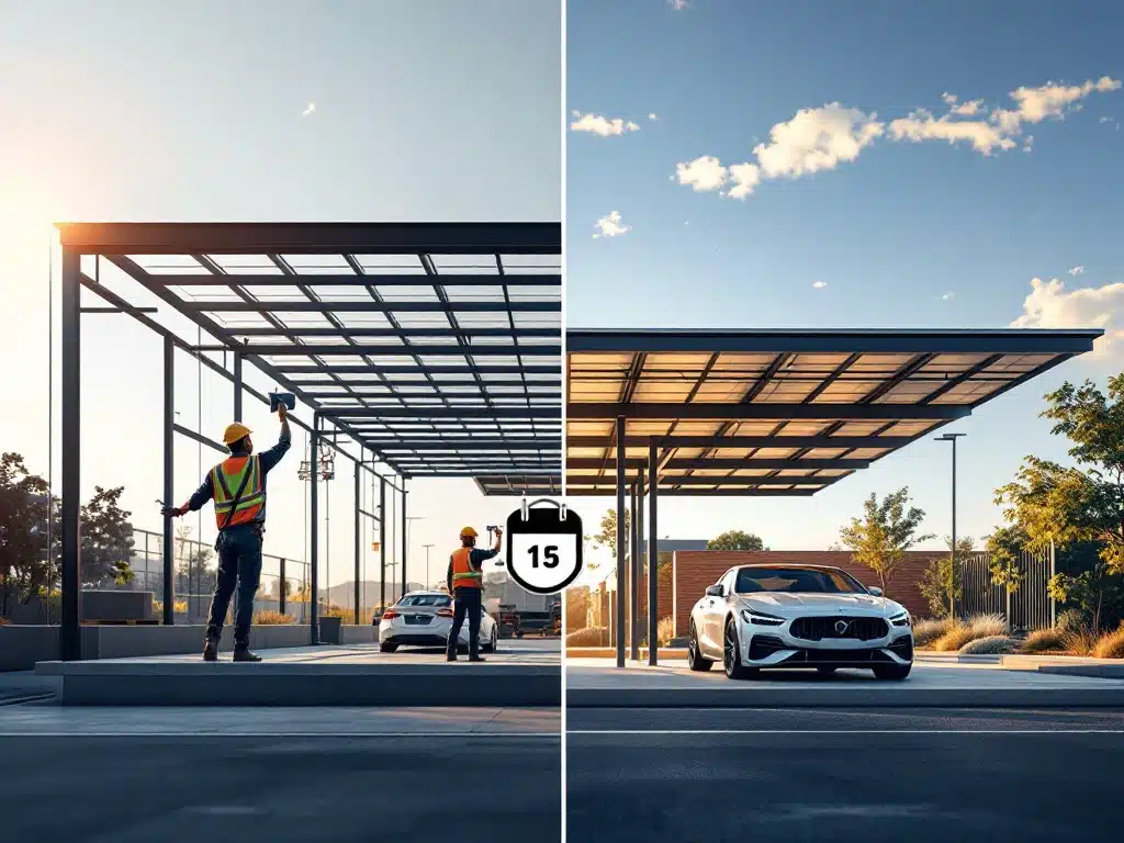 Zonnepanelen carport constructie tijdlijn: werknemers installeren framework links, voltooide carport met auto's rechts