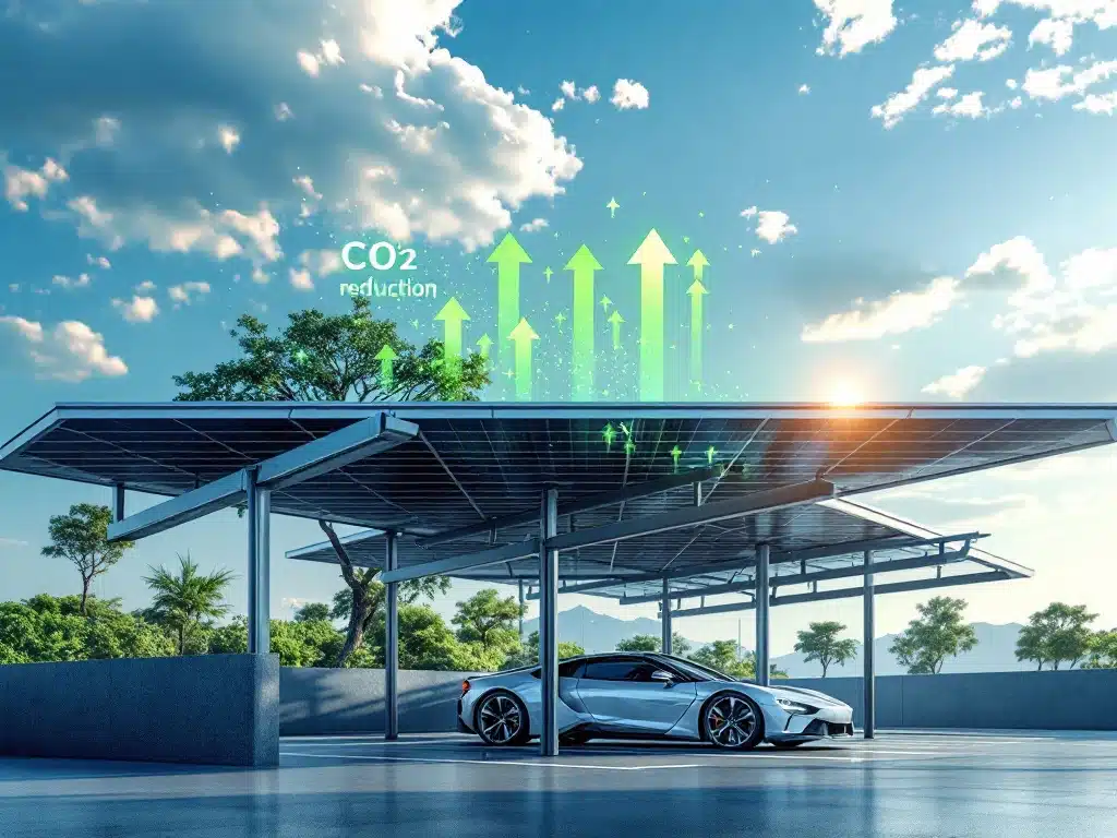 Zonnepanelen carport met zwarte panelen op dak, parkeerplaats eronder, groene CO2-reductie visualisatie op achtergrond