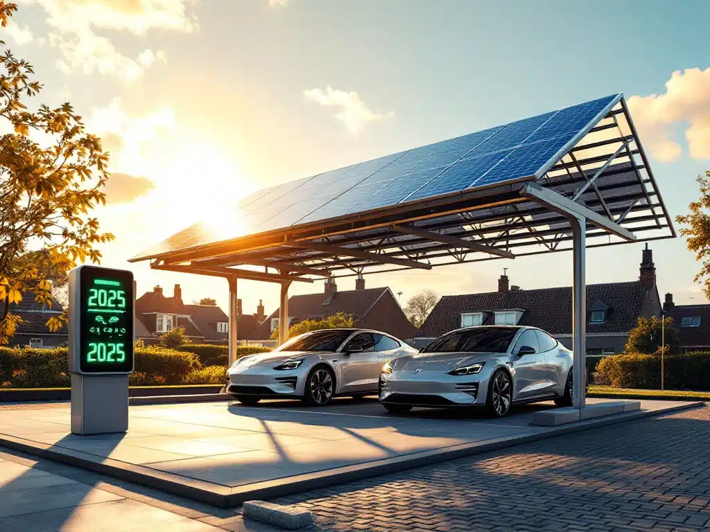 Zonnepanelen carport met elektrische auto's eronder, digitale energiemeter toont 2025, Nederlandse voorstad op achtergrond
