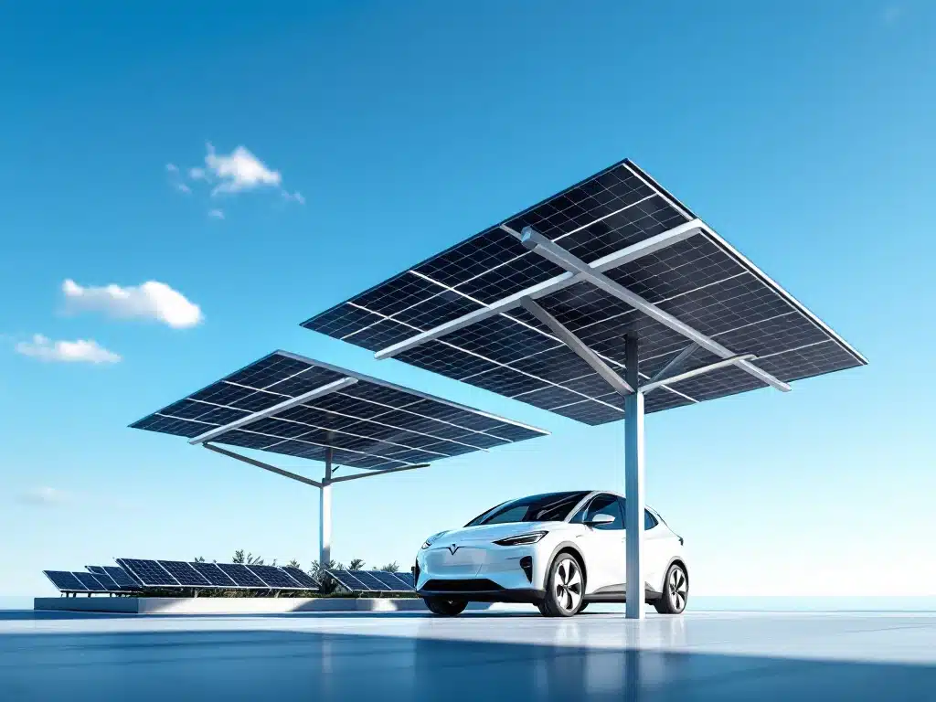 Moderne zonnepanelen carport met zwarte panelen op stalen frame, witte elektrische auto eronder, blauwe hemel
