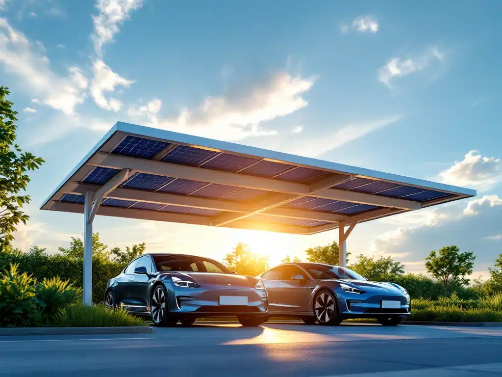 Moderne zonnepanelen carport met donkerblauwe panelen beschermt twee elektrische auto's onder witte stalen frame
