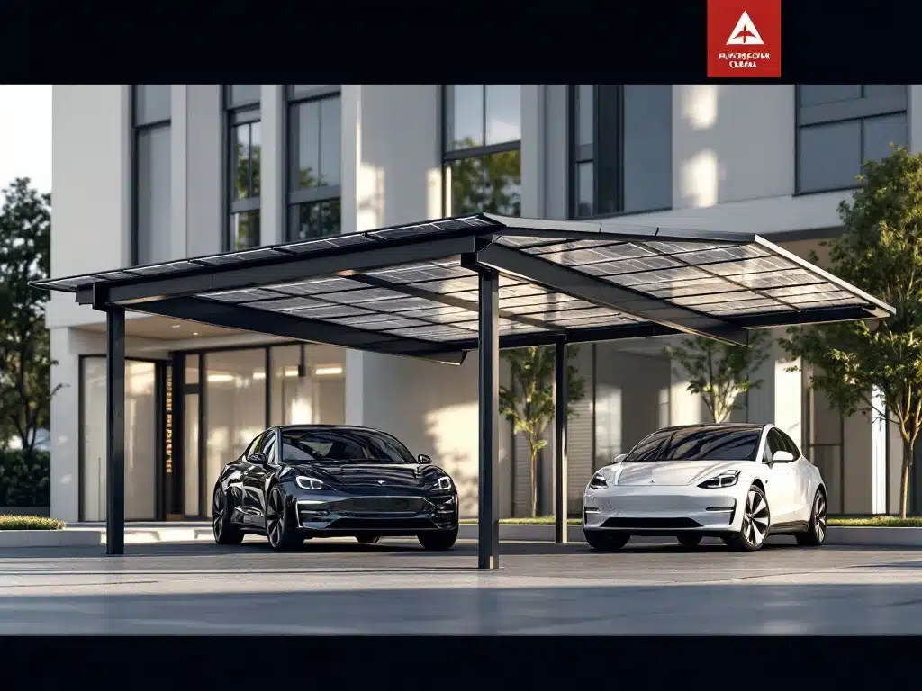 Moderne dubbele carport met zonnepanelen op het dak en twee elektrische auto's eronder in zakelijke omgeving