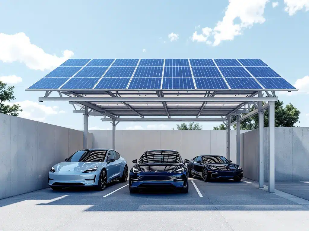 Moderne carport met blauwe zonnepanelen op het dak en elektrische auto's eronder geparkeerd op betonnen vloer