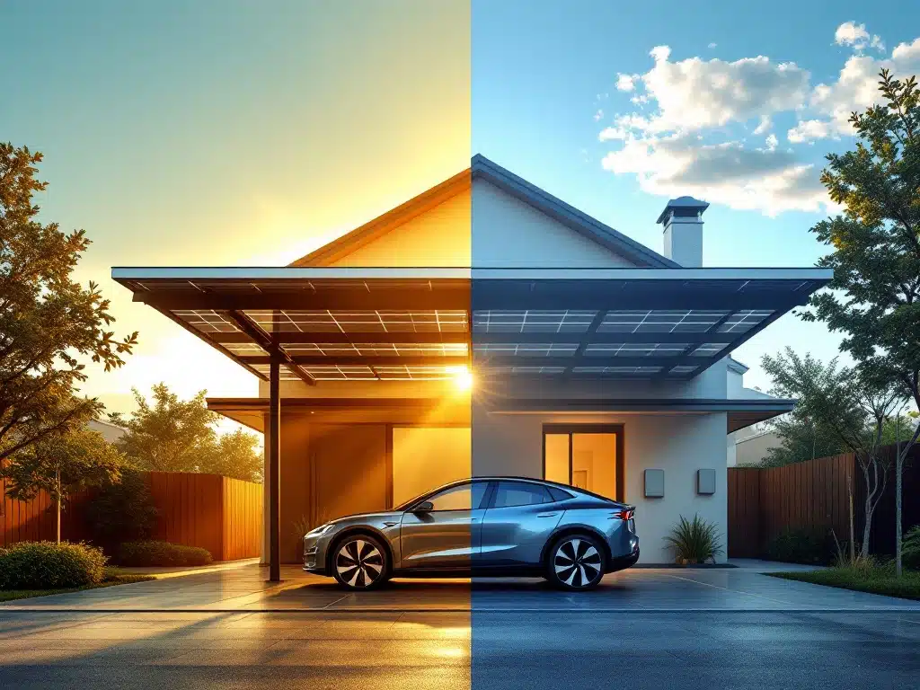 Moderne zonnepanelen carport met elektrische auto naast traditioneel huis met stijgende energierekeningen in zonlicht