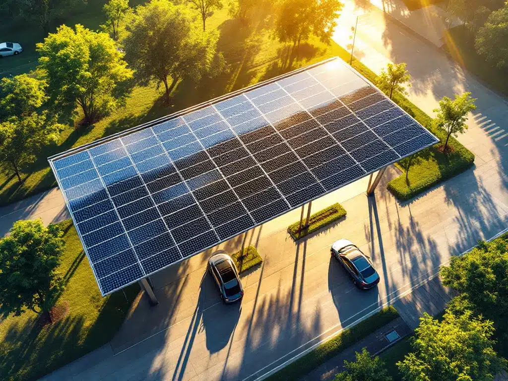 Luchtfoto van moderne zonnepanelen carport met elektrische auto's eronder, omringd door groen landschap