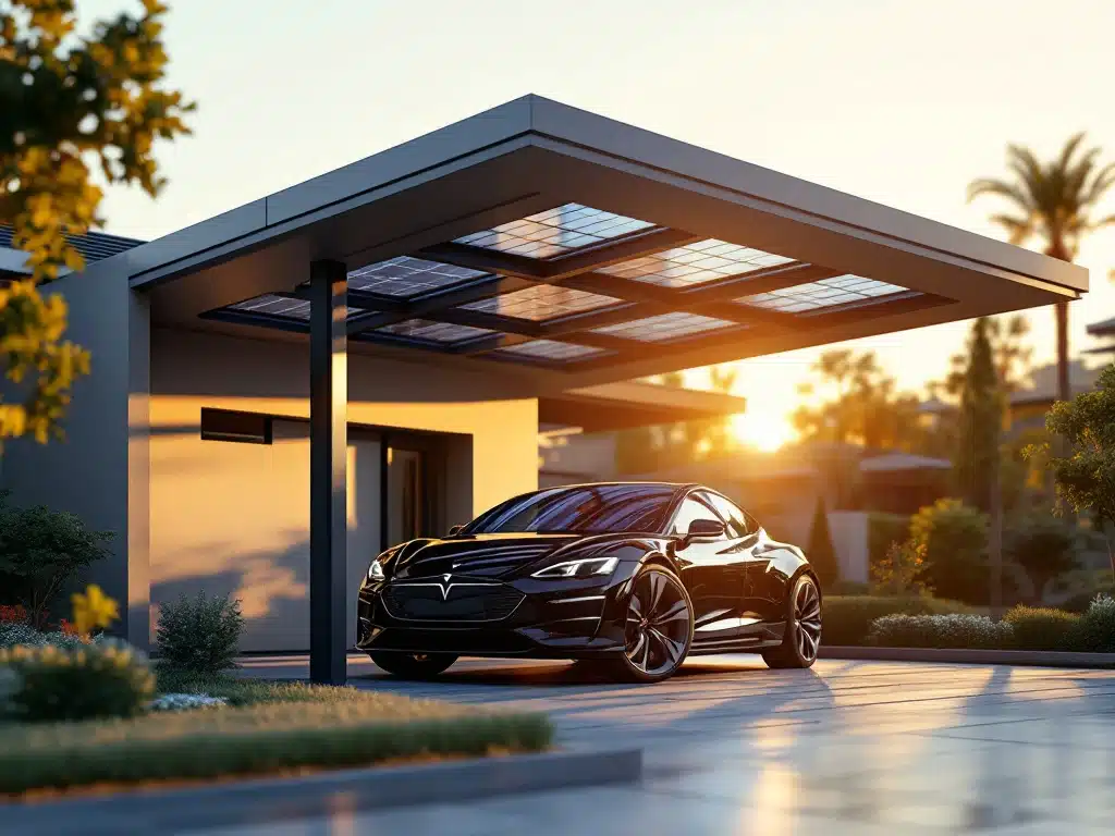 Moderne carport met zonnepanelen op dak en elektrische auto eronder in luxe woonwijk met gouden zonlicht