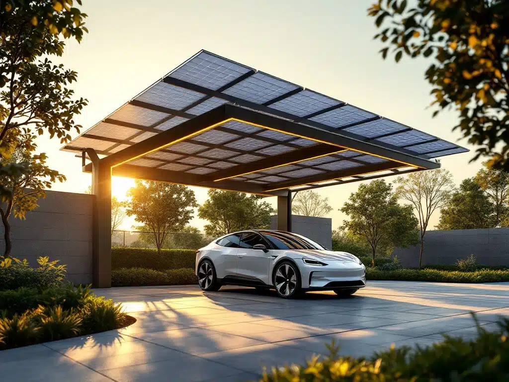 Moderne carport met zonnepanelen en elektrische auto tijdens gouden uur, omringd door groen