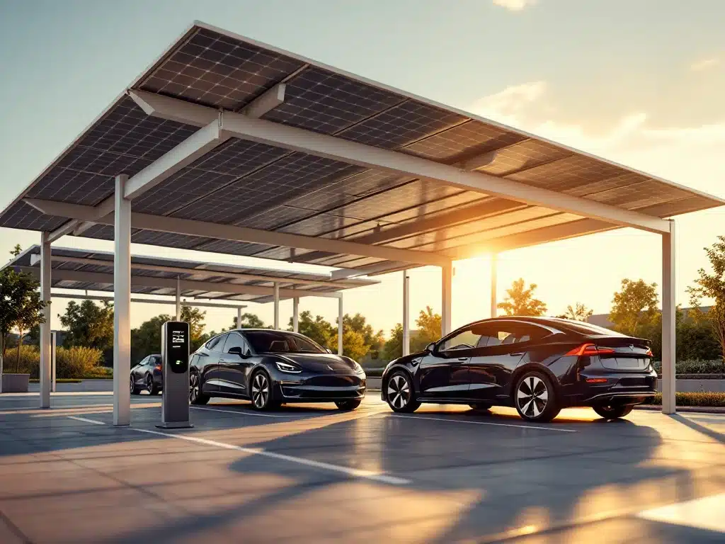 Zonnepanelen carport met elektrische auto's opladen, moderne witte stalen frame structuur in gouden uurtje licht