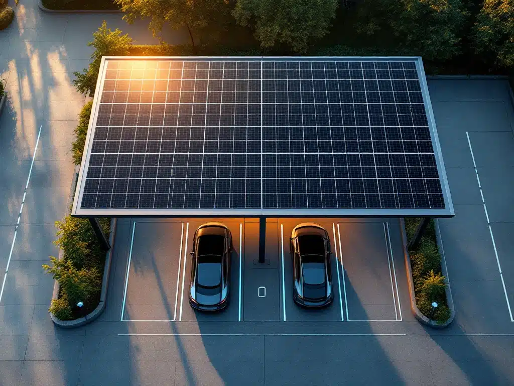 Moderne zonnepanelen carport met twee elektrische auto's aan oplaadstations tijdens gouden uur