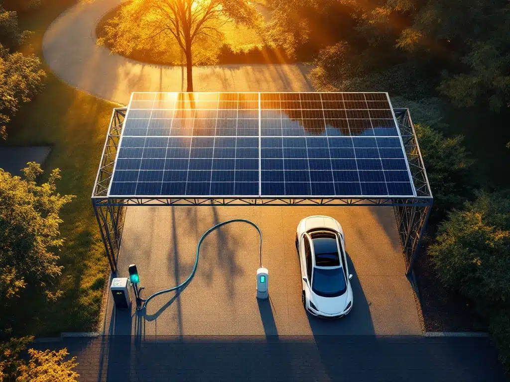 Moderne zonnepanelen carport met witte elektrische auto die oplaadt via blauwe kabel in gouden zonlicht