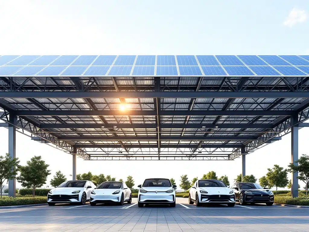 Moderne zonnepanelen carport met elektrische auto's eronder, blauwe panelen in geometrische rijen op stalen frame