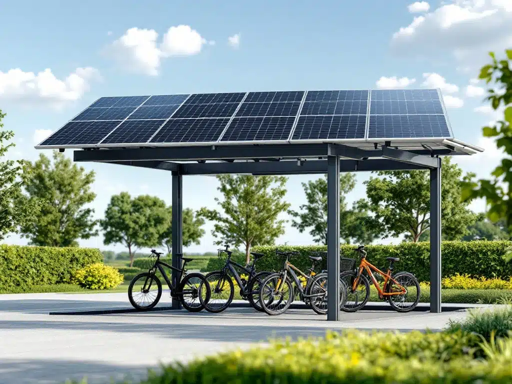 Zonnepanelen carport met zwarte panelen beschermt fietsen onder moderne stalen constructie in daglicht
