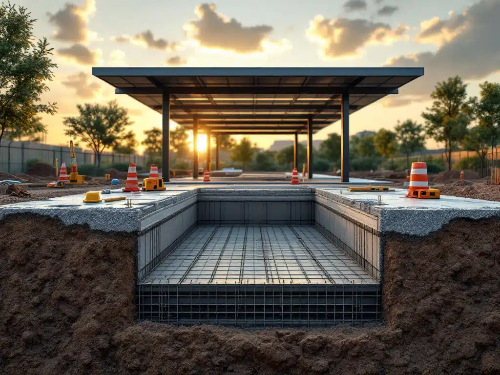 Betonnen funderingspalen met wapeningsstaal worden gegoten voor carport constructie met zonnepanelen op achtergrond