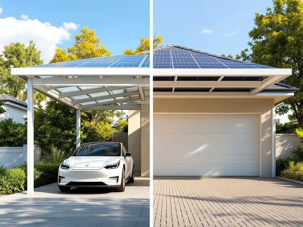 Moderne witte carport met zonnepanelen naast traditionele garage, elektrische auto onder carport in voorstedelijke omgeving