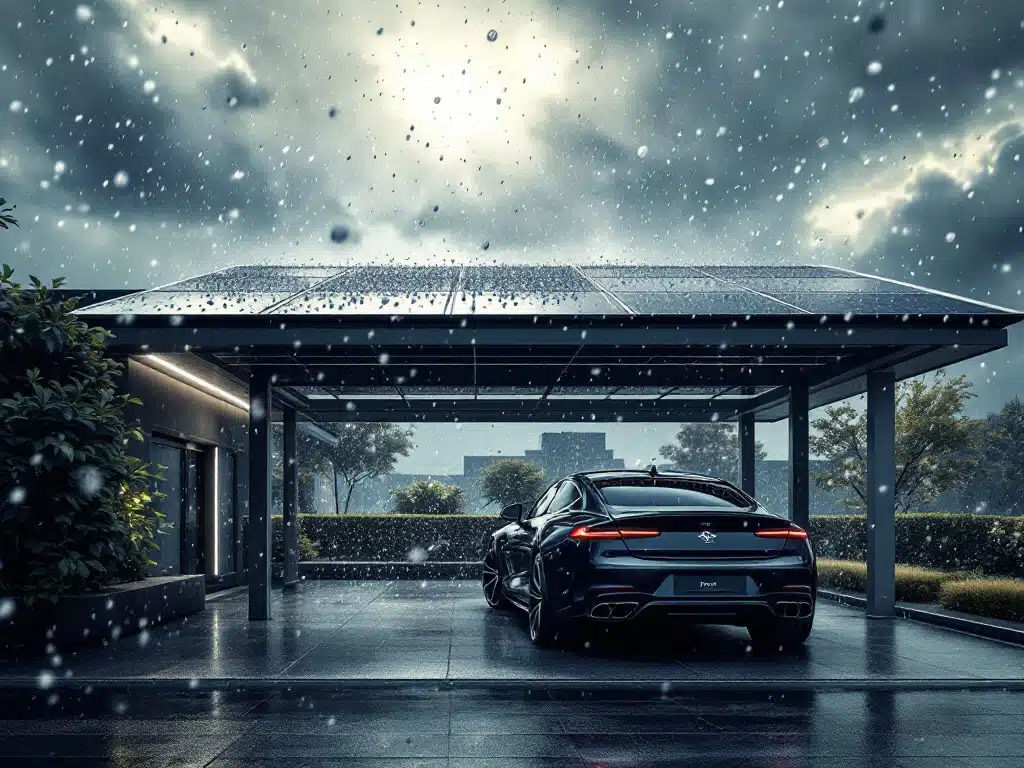 Moderne zonnepanelen carport beschermt luxeauto tijdens hevige hagelstorm met dramatische stormverlichting