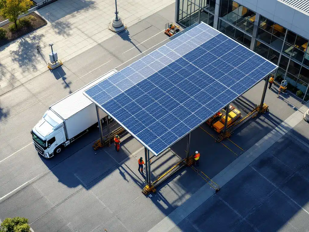 Luchtfoto van zonnepanelen carport installatie bij bedrijfspand met witte vrachtwagen en bouwvakkers