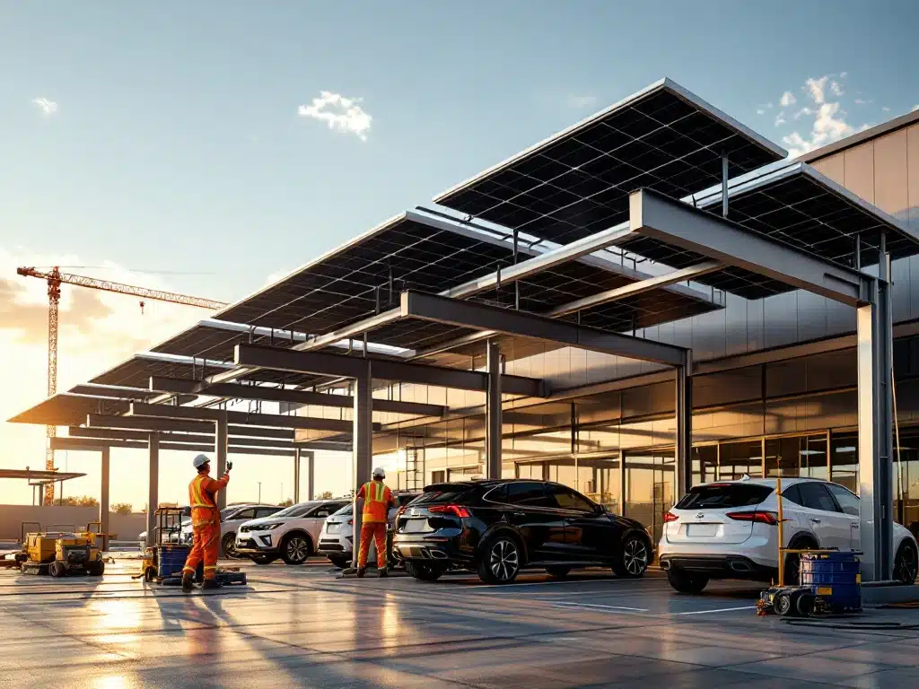 Werknemers in veiligheidskleding installeren zonnepanelen op moderne carport structuur tijdens gouden uurtje
