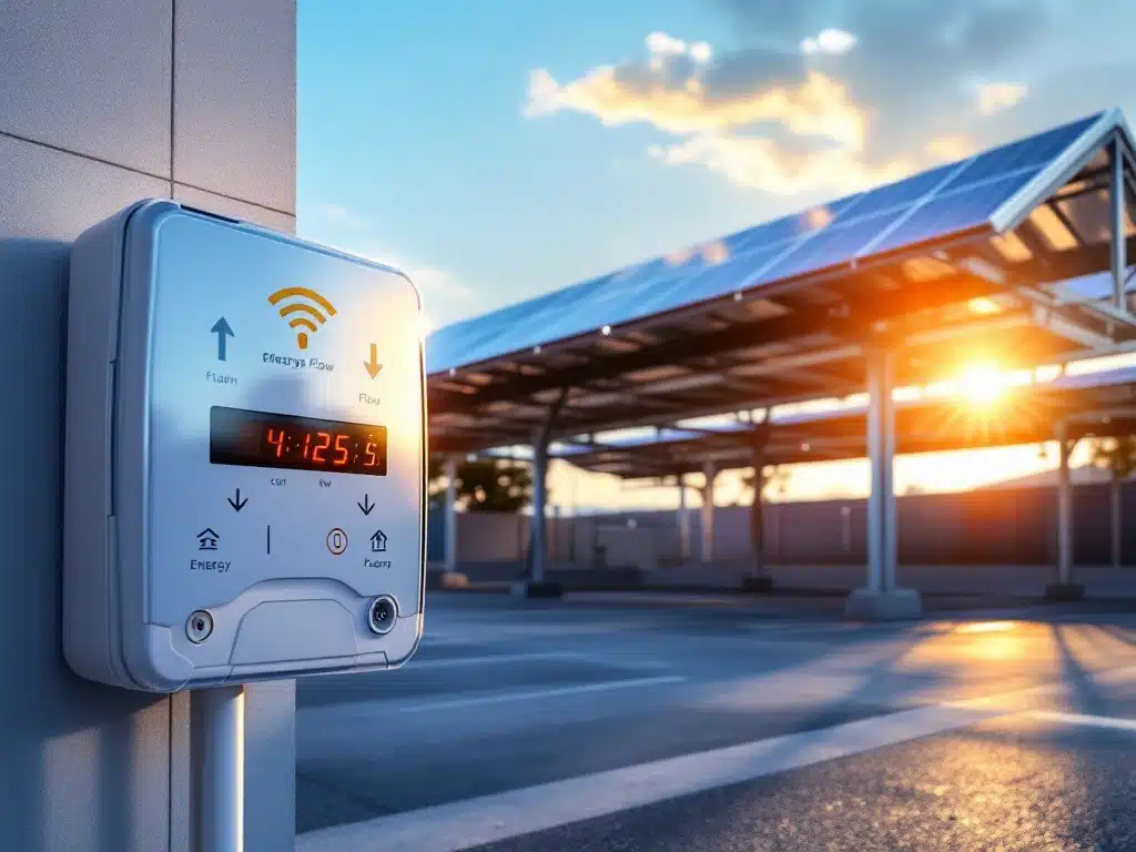 Moderne zonnepanelen carport met digitale energiemeter boven betonnen parkeerplaats in gouden zonlicht