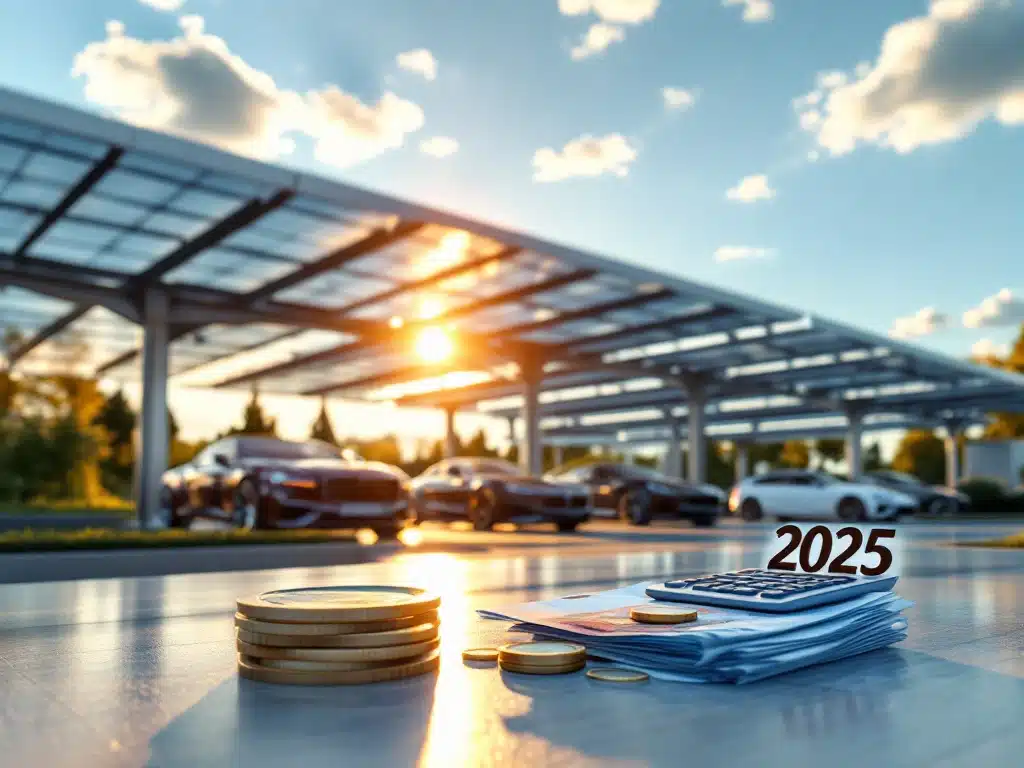 Moderne zonnepanelen carport met luxe auto's eronder, Euro bankbiljetten en rekenmachine met "2025" op voorgrond