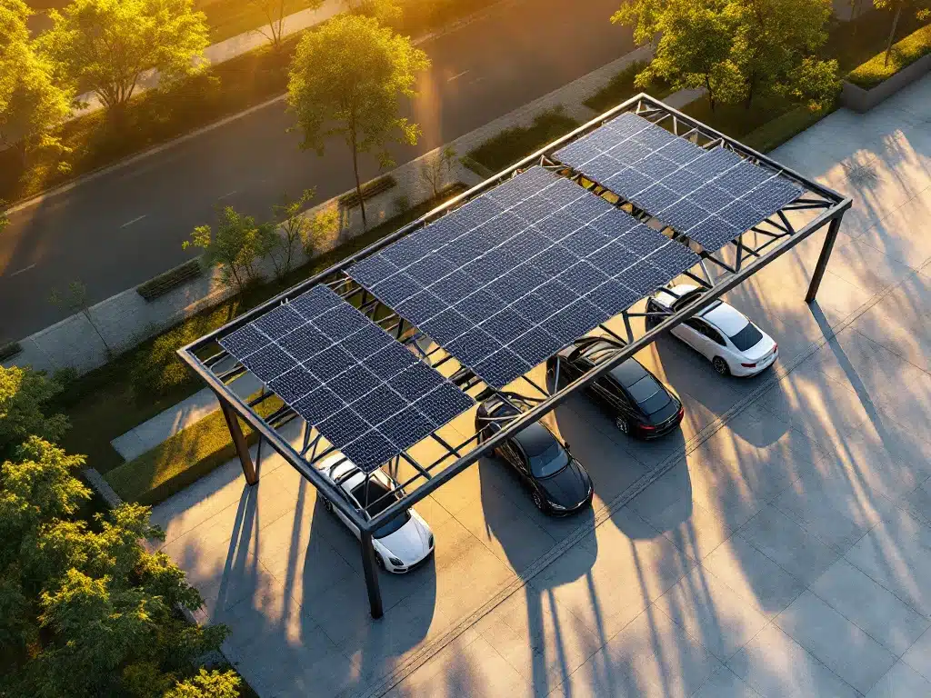 Zonnepanelen carport met luxe auto's geparkeerd eronder, zonneschijn creëert schaduwen op betonnen ondergrond