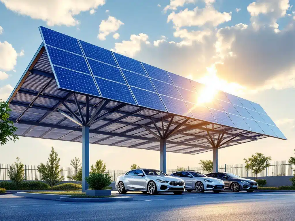 Zonnepanelen carport met blauwe fotovoltaïsche cellen op stalen frame, zonlicht creëert dramatische schaduwen