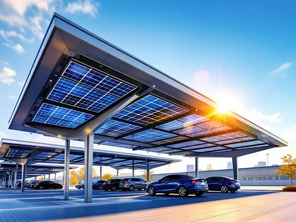 Moderne zonnepanelen carport met glanzende fotovoltaïsche panelen en dramatische schaduwen op betonnen parkeerplaats