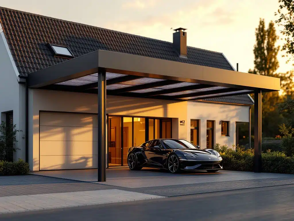 Moderne zonnepanelen carport met luxe auto en traditioneel Nederlands huis op achtergrond tijdens gouden uur