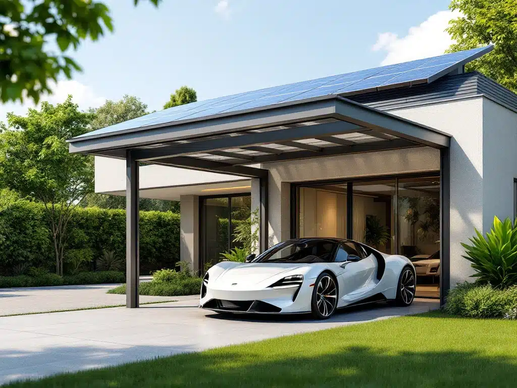 Moderne woning met zonnepanelen carport aan zijmuur, luxe auto eronder geparkeerd, groene tuin en betonnen oprit