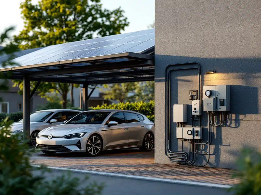 Moderne zonnepanelen carport met elektrische aansluiting op het Nederlandse elektriciteitsnet, twee auto's geparkeerd eronder